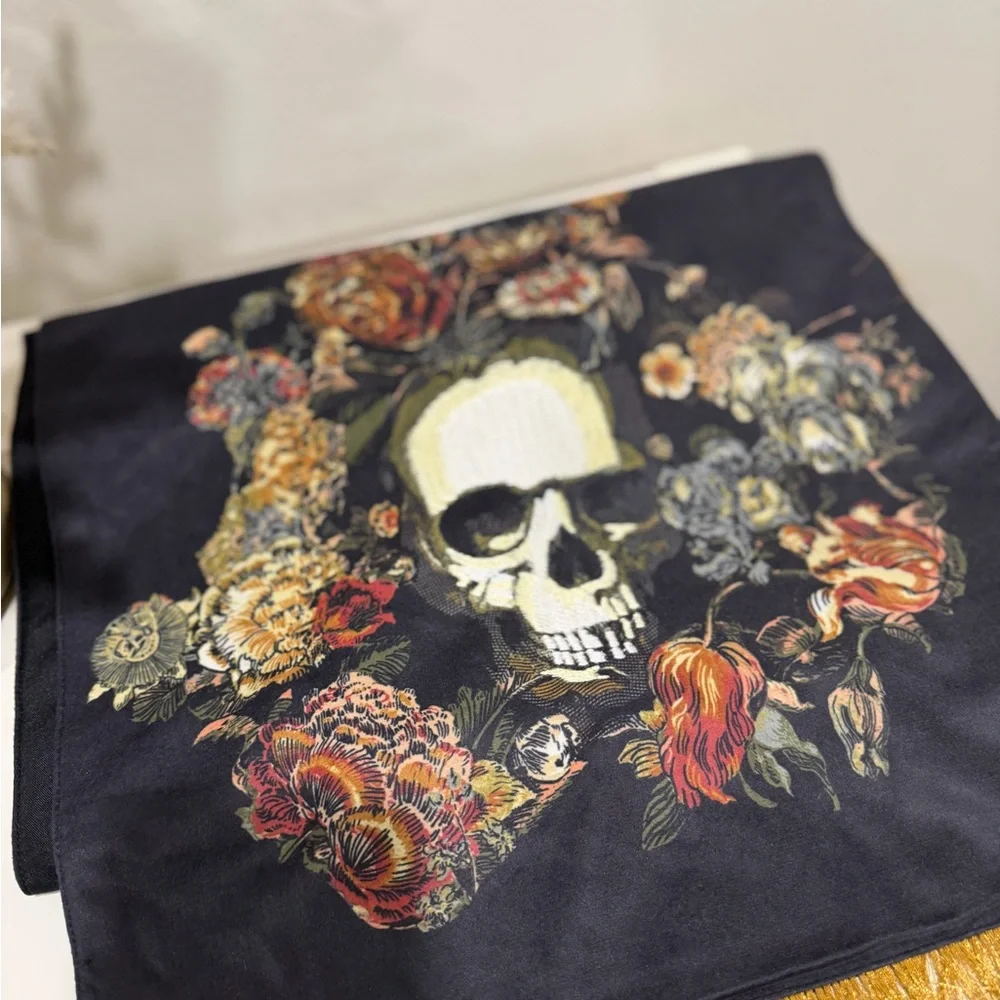Velvet black skull and floral table runner with gold tassels by Threshold NWT